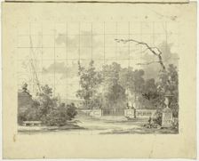 View of the Park at Versailles: Balustrade with Two Sphinxes Urn, n.d. Creator: Pierre Antoine Mongin
