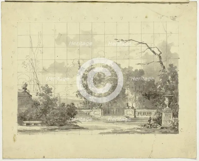 View of the Park at Versailles: Balustrade with Two Sphinxes Urn, n.d. Creator: Pierre Antoine Mongin.
