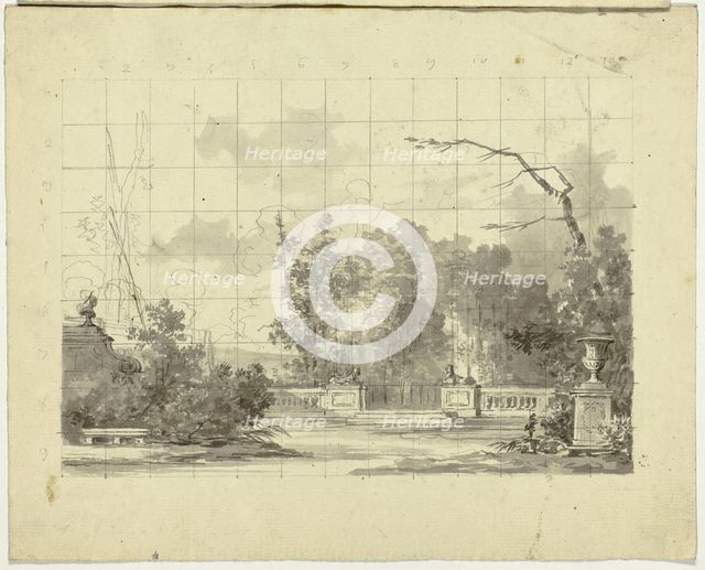 View of the Park at Versailles: Balustrade with Two Sphinxes Urn, n.d. Creator: Pierre Antoine Mongin.