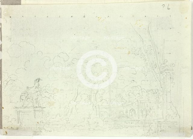 View of the Park at Versailles: Equestrian Statue Among Trees, n.d. Creator: Pierre Antoine Mongin.