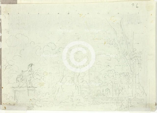 View of the Park at Versailles: Equestrian Statue Among Trees, n.d. Creator: Pierre Antoine Mongin.
