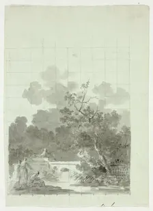 View of the Park at Versailles: Fishing in Pond Near Grove of Trees, n.d. Creator: Pierre Antoine Mongin