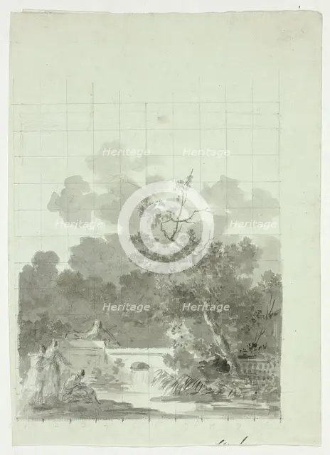 View of the Park at Versailles: Fishing in Pond Near Grove of Trees, n.d. Creator: Pierre Antoine Mongin.