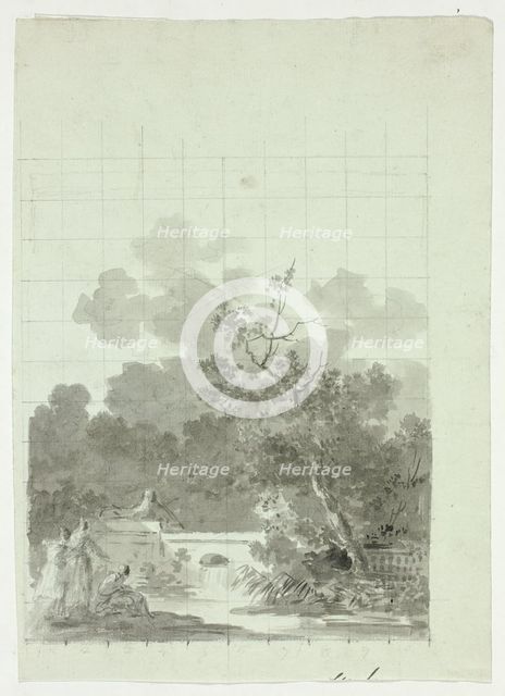 View of the Park at Versailles: Fishing in Pond Near Grove of Trees, n.d. Creator: Pierre Antoine Mongin.