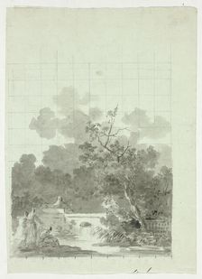 View of the Park at Versailles: Fishing in Pond Near Grove of Trees, n.d. Creator: Pierre Antoine Mongin