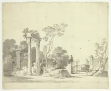 View of the Park at Versailles: Ruined Columns and an Open Iron Gate, n.d. Creator: Pierre Antoine Mongin