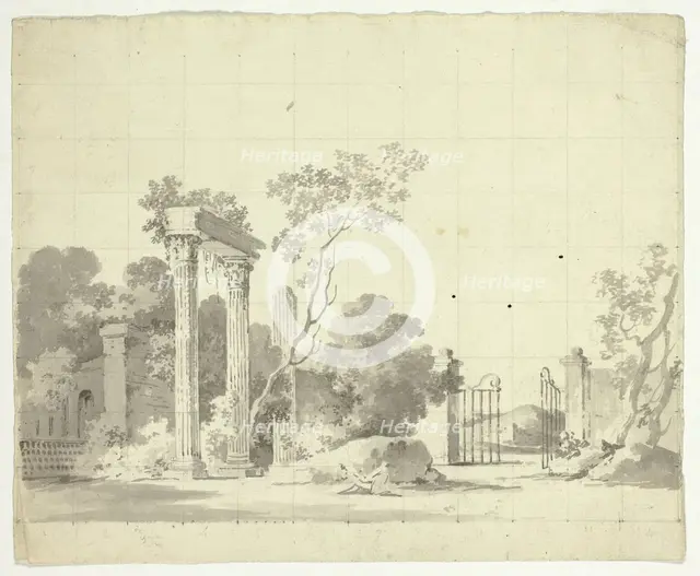 View of the Park at Versailles: Ruined Columns and an Open Iron Gate, n.d. Creator: Pierre Antoine Mongin.