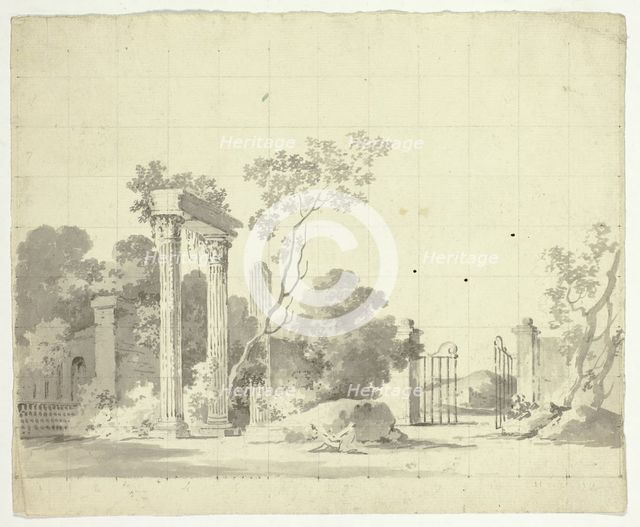 View of the Park at Versailles: Ruined Columns and an Open Iron Gate, n.d. Creator: Pierre Antoine Mongin.