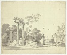 View of the Park at Versailles: Ruined Columns and an Open Iron Gate, n.d. Creator: Pierre Antoine Mongin
