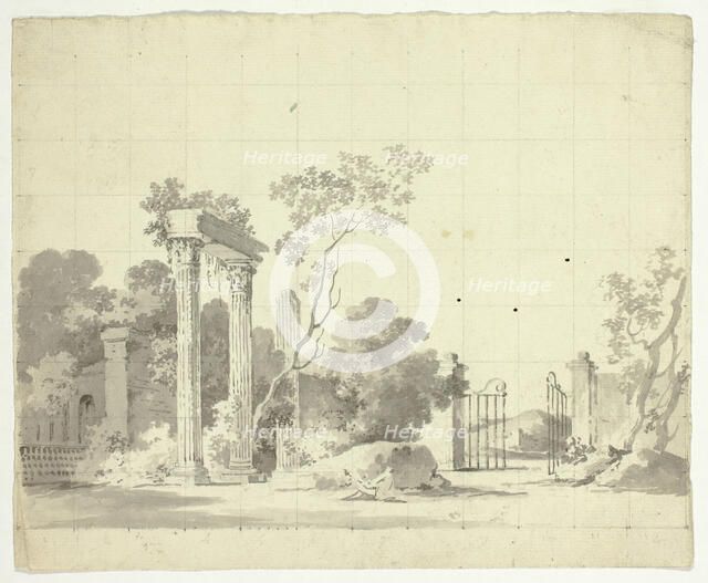 View of the Park at Versailles: Ruined Columns and an Open Iron Gate, n.d. Creator: Pierre Antoine Mongin.