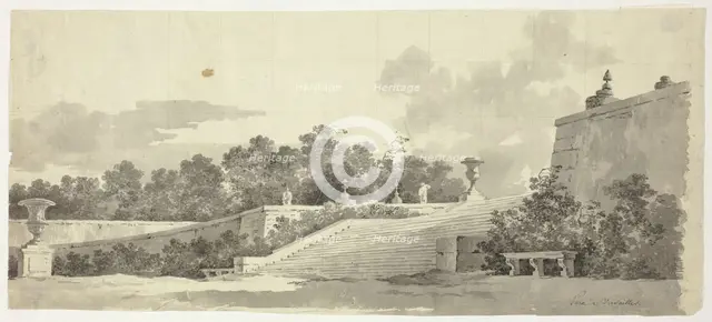 View of the Park at Versailles: Staircase, Urns and Topiaries, n.d. Creator: Pierre Antoine Mongin.