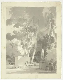 View of the Park at Versailles: Two Figures on a Bench in a Clearing, Female Statue Nearby, n.d. Creator: Pierre Antoine Mongin