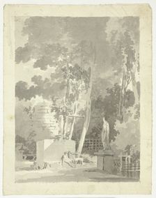 View of the Park at Versailles: Two Figures on a Bench in a Clearing, Female Statue Nearby, n.d. Creator: Pierre Antoine Mongin