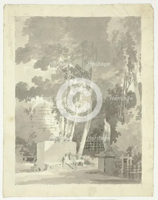 View of the Park at Versailles: Two Figures on a Bench in a Clearing, Female Statue Nearby, n.d. Creator: Pierre Antoine Mongin.