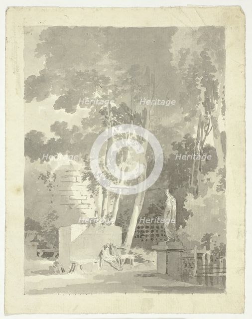 View of the Park at Versailles: Two Figures on a Bench in a Clearing, Female Statue Nearby, n.d. Creator: Pierre Antoine Mongin.