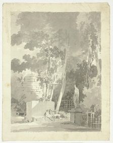 View of the Park at Versailles: Two Figures on a Bench in a Clearing, Female Statue Nearby, n.d. Creator: Pierre Antoine Mongin