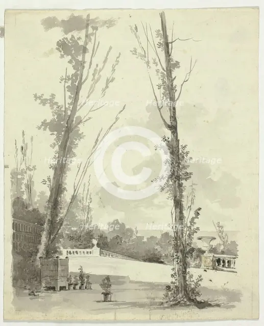 View of the Park at Versailles: Two Poplar Trees with Balustraded Walk in Background, n.d. Creator: Pierre Antoine Mongin.