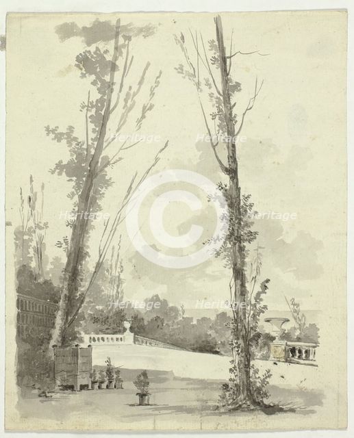 View of the Park at Versailles: Two Poplar Trees with Balustraded Walk in Background, n.d. Creator: Pierre Antoine Mongin.