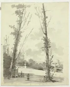 View of the Park at Versailles: Two Poplar Trees with Balustraded Walk in Background, n.d. Creator: Pierre Antoine Mongin