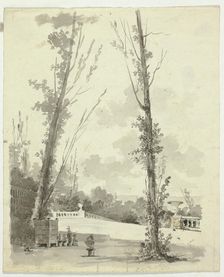 View of the Park at Versailles: Two Poplar Trees with Balustraded Walk in Background, n.d. Creator: Pierre Antoine Mongin