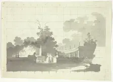 View of the Park at Versailles: Two Sphinxes and a Couple Near a Colonnade, n.d. Creator: Pierre Antoine Mongin