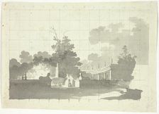 View of the Park at Versailles: Two Sphinxes and a Couple Near a Colonnade, n.d. Creator: Pierre Antoine Mongin