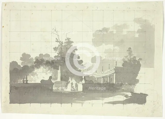 View of the Park at Versailles: Two Sphinxes and a Couple Near a Colonnade, n.d. Creator: Pierre Antoine Mongin.