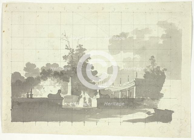 View of the Park at Versailles: Two Sphinxes and a Couple Near a Colonnade, n.d. Creator: Pierre Antoine Mongin.