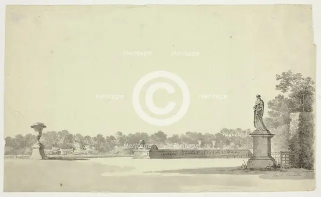 View of the Park at Versailles: Terrace with Urn, Sphinx and Female Statue, n.d. Creator: Pierre Antoine Mongin.