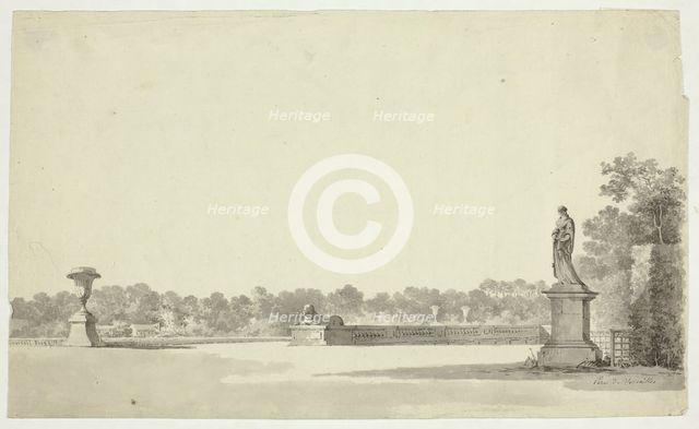 View of the Park at Versailles: Terrace with Urn, Sphinx and Female Statue, n.d. Creator: Pierre Antoine Mongin.