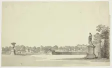 View of the Park at Versailles: Terrace with Urn, Sphinx and Female Statue, n.d. Creator: Pierre Antoine Mongin