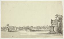View of the Park at Versailles: Terrace with Urn, Sphinx and Female Statue, n.d. Creator: Pierre Antoine Mongin