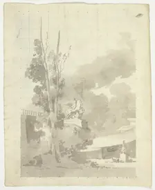 View of the Park at Versailles: Terrace, Trees and Equestrian Statue, n.d. Creator: Pierre Antoine Mongin