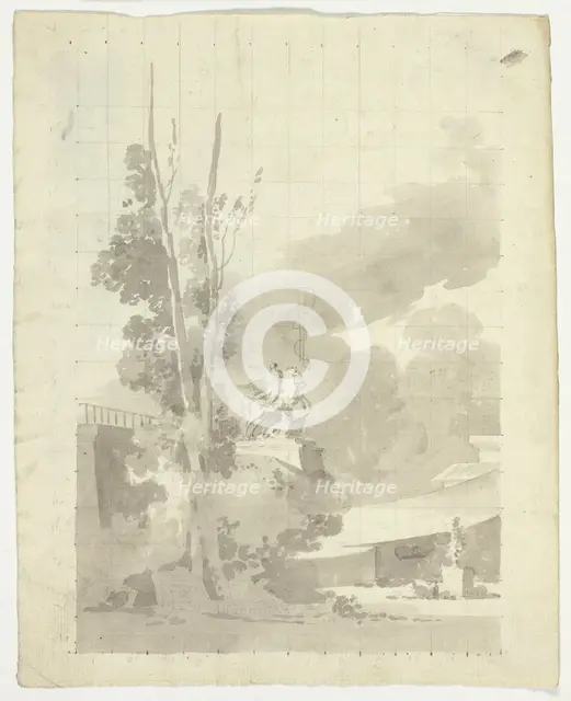 View of the Park at Versailles: Terrace, Trees and Equestrian Statue, n.d. Creator: Pierre Antoine Mongin.