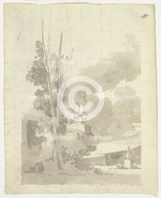 View of the Park at Versailles: Terrace, Trees and Equestrian Statue, n.d. Creator: Pierre Antoine Mongin.