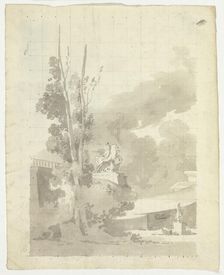 View of the Park at Versailles: Terrace, Trees and Equestrian Statue, n.d. Creator: Pierre Antoine Mongin