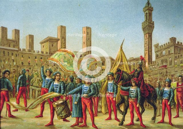 View of the Piazza del Campo in Siena during the Palio celebration where the representatives of t…