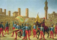 View of the Piazza del Campo in Siena during the Palio celebration where the representatives of t…