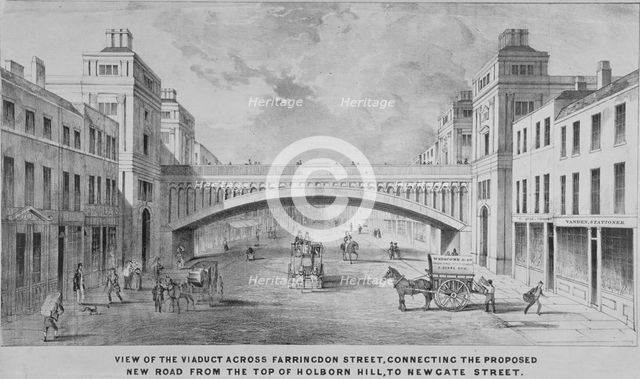 View of the proposed Holborn Viaduct across Farringdon Street, City of London, 1865. Artist: Anon