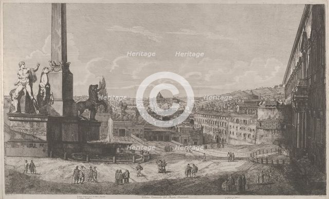 View of the Quirinal Hill in Rome with the fountain of the horse tamers at left, 1822. Creator: Luigi Rossini.