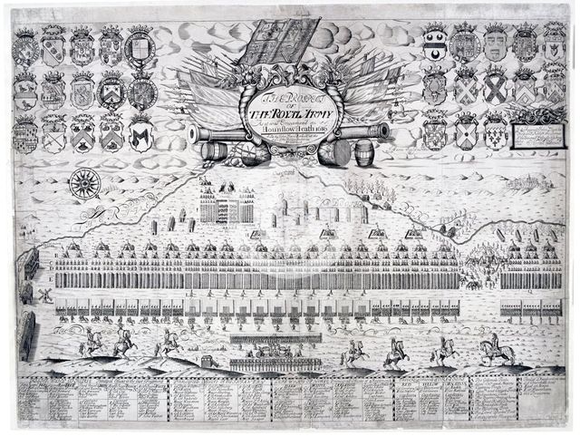 View of the royal army as it was encamped on Hounslow Heath, Middlesex, in 1686. Artist: J Harris
