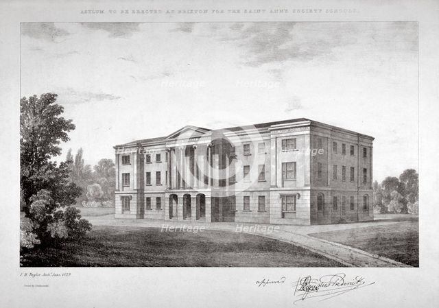 View of the Royal Asylum of St Ann's Society to be erected on Streatham Hill, London, 1829. Artist: Anon