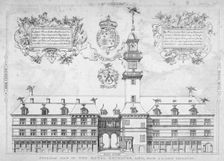View of the Royal Exchange with coats of arms above, City of London, 1569. Artist: Anon