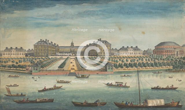 View of the Royal Hospital Chelsea and the Rotunda in London's Ranelagh Gardens, 1751. Creator: Thomas Bowles.