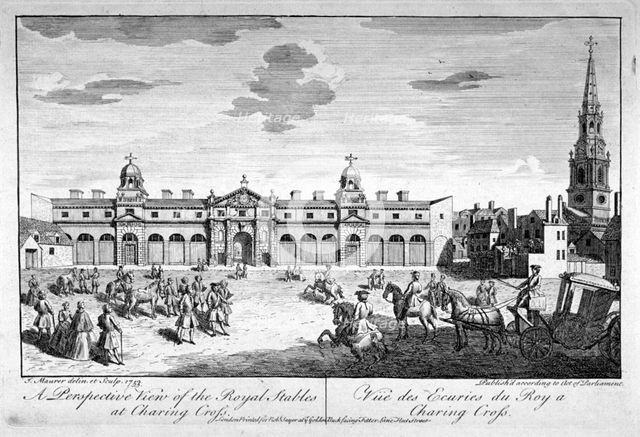 View of the royal stables in the King's Mews, Charing Cross, Westminster, London, 1753.     Artist: John Maurer