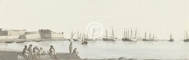 View of the roadstead with ships anchored at Bari, 1778. Creator: Louis Ducros.