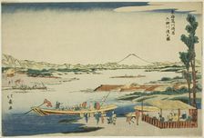 View of the Rokugo River Crossing at the Kawasaki Station (Kawasaki-juku Rokugo..., c. 1789/1818. Creator: Shotei Hokuju