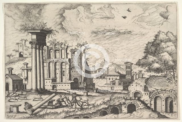 View of the Roman Forum, looking toward the Palatine Hill, from the series 'The Small book..., 1562. Creators: Johannes van Doetecum I, Lucas van Doetecum.