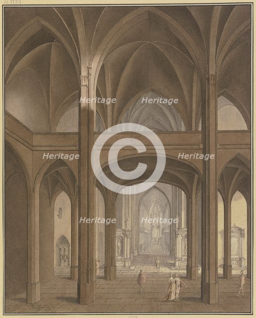 View of the rood screen and choir of a Gothic church with Renaissance altars and..., 1778. Creator: Johann Vogelin.
