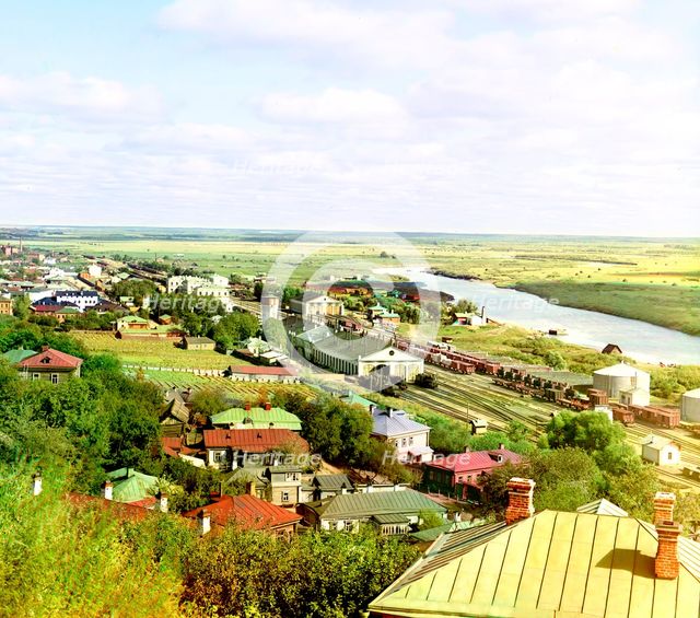 View of the railroad, city of Vladimir, Klyazma River, and water-meadows, 1911. Creator: Sergey Mikhaylovich Prokudin-Gorsky.